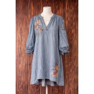 Kyla Seo Layne Dress Womens S Blue Tencel Floral Embroidered Balloon Sleeve NWT